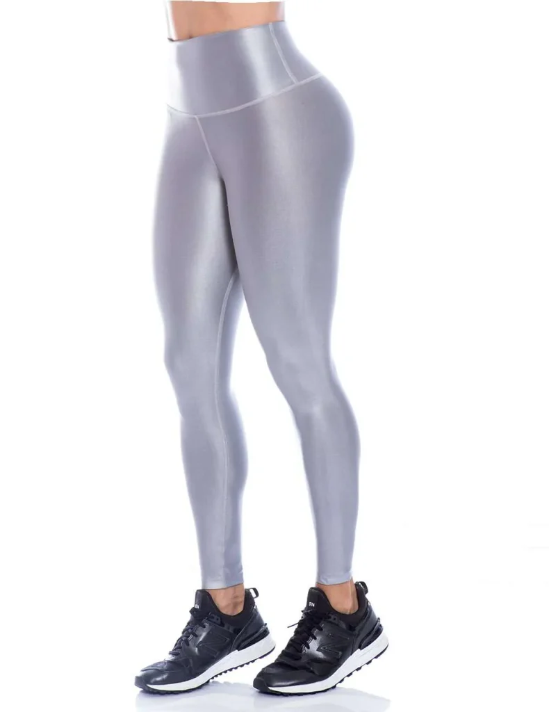 Metallic Silver Leggings and Black Sneakers for Women's Activewear Clothing